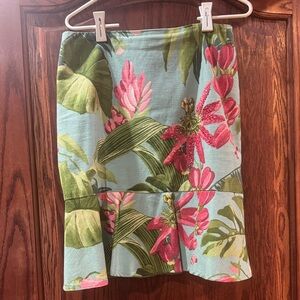 Muse Tropical Floral A-Line Skirt in Light Blue, Pink & Green